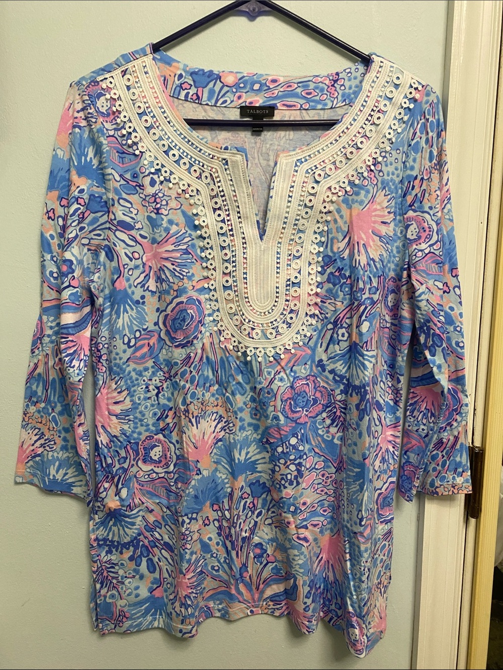 Talbots Blue and Pink Floral Embroidered Tunic